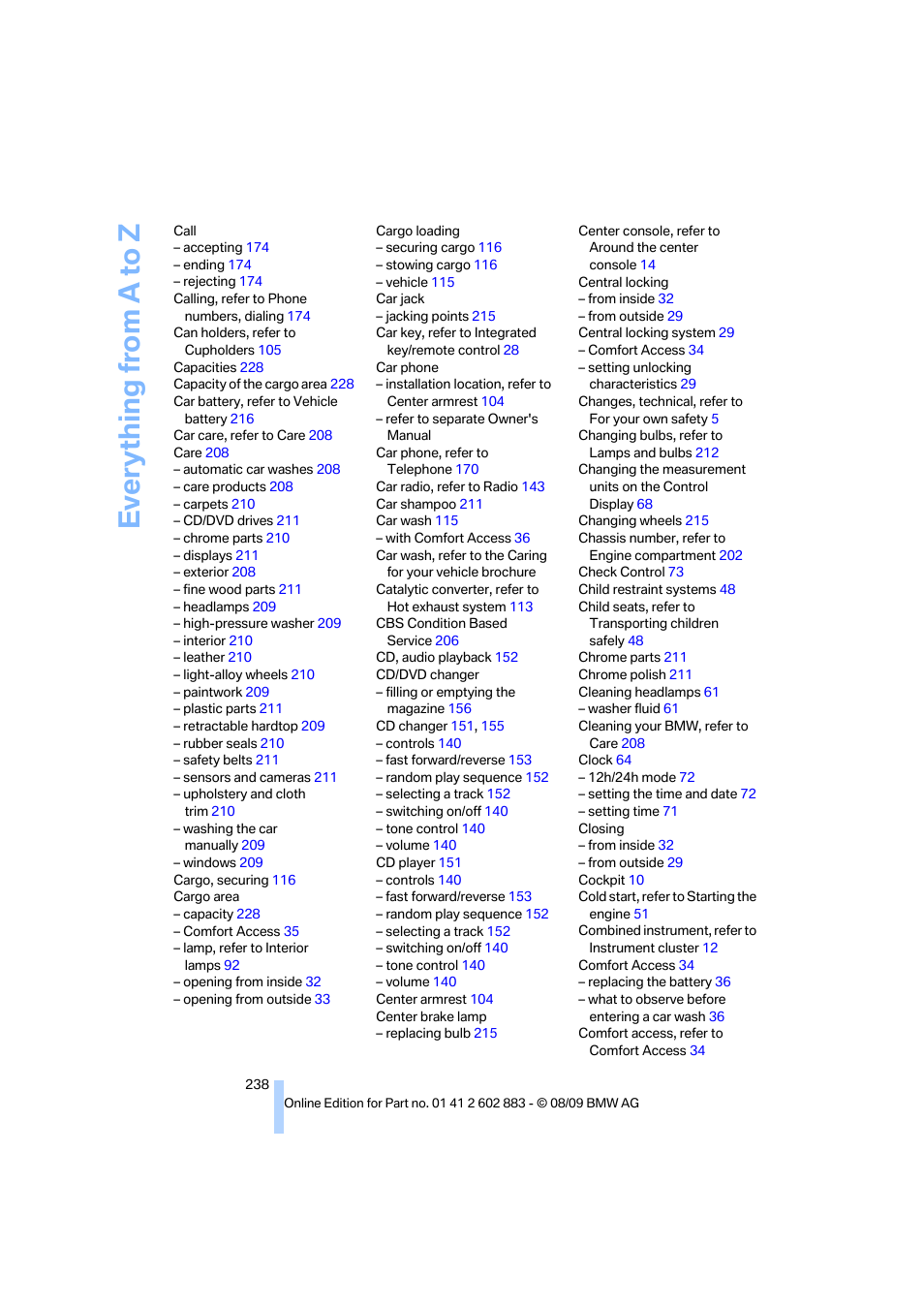 Everything from a to z | BMW Z4 sDrive35i 2010 User Manual | Page 240 / 254