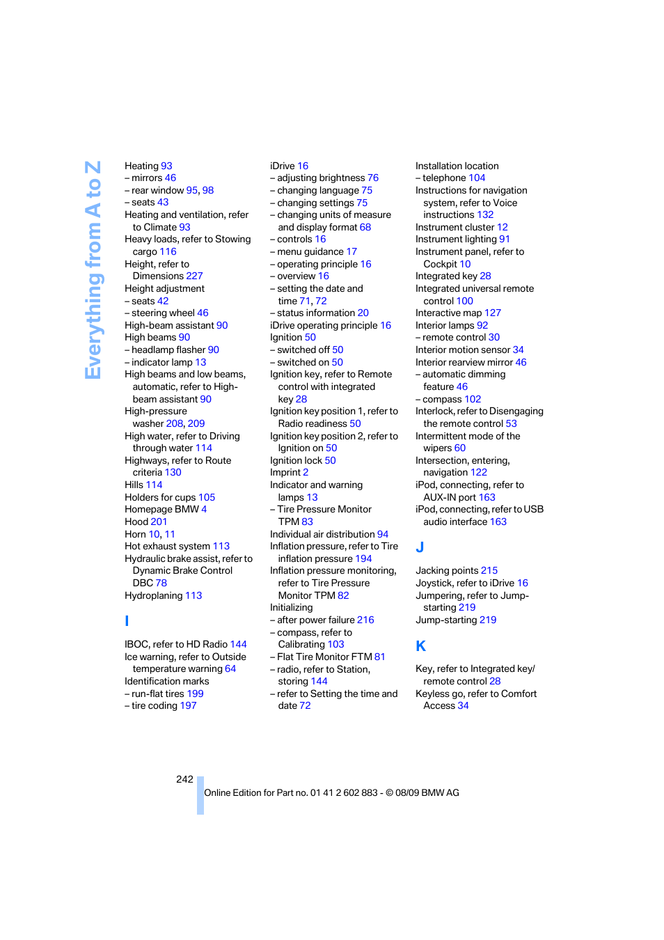 Everything from a to z | BMW Z4 sDrive35i 2010 User Manual | Page 244 / 254
