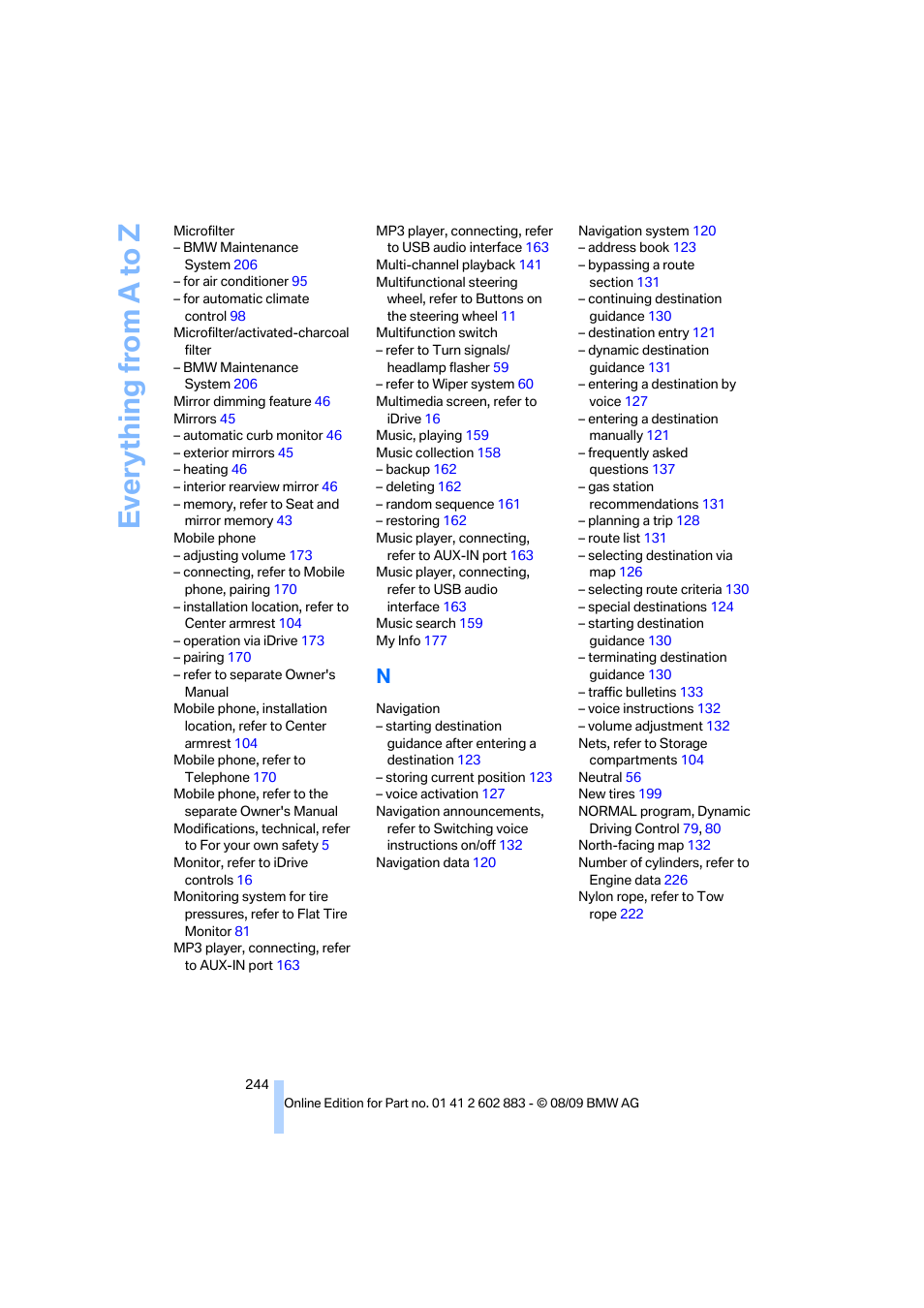 Everything from a to z | BMW Z4 sDrive35i 2010 User Manual | Page 246 / 254