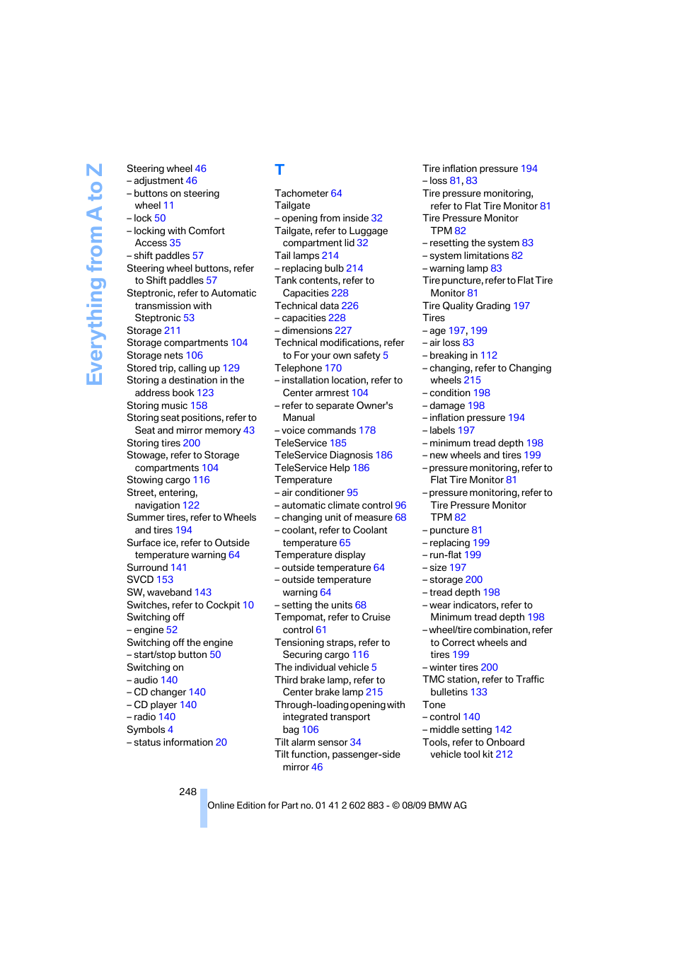 Everything from a to z | BMW Z4 sDrive35i 2010 User Manual | Page 250 / 254