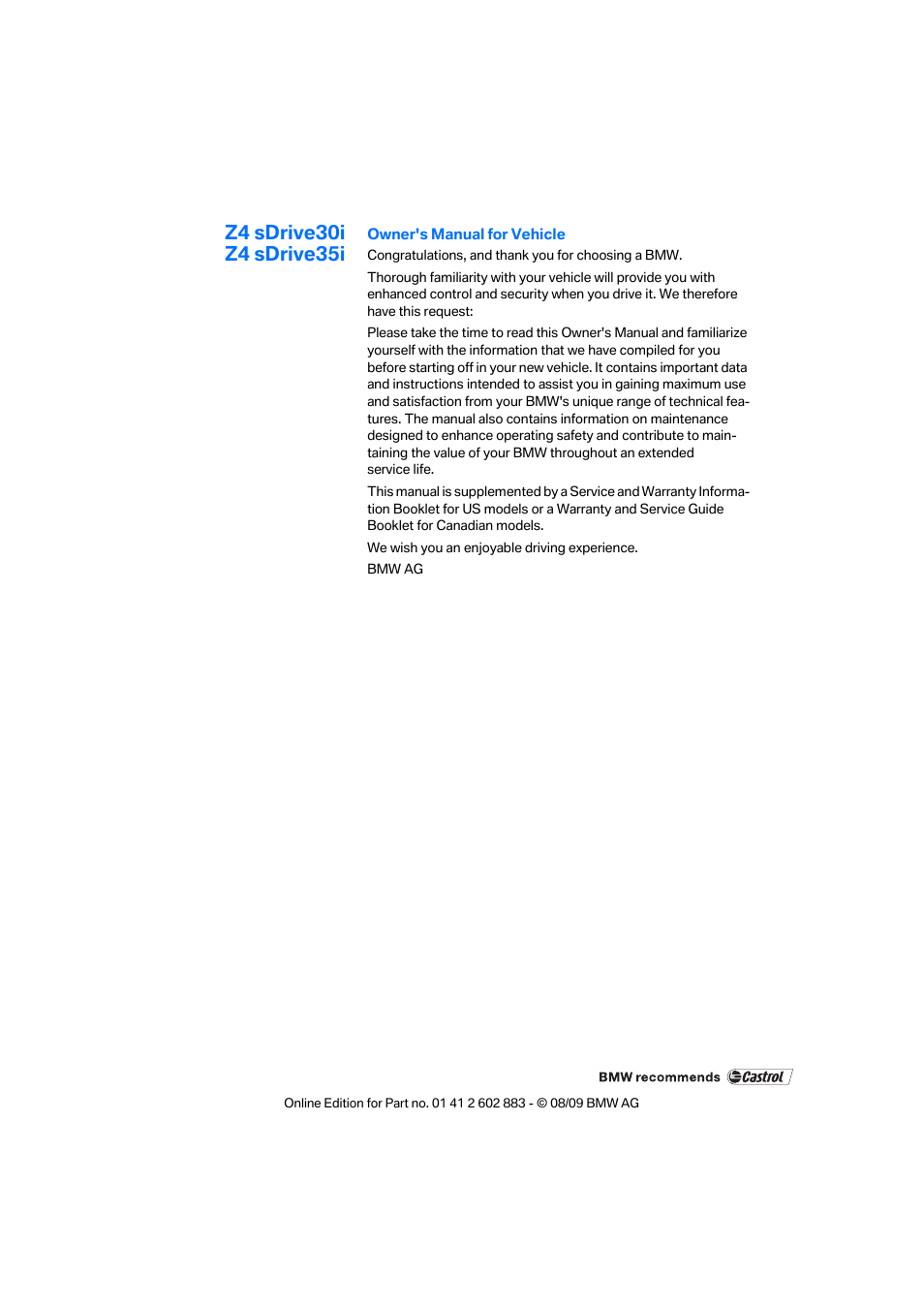 BMW Z4 sDrive35i 2010 User Manual | Page 3 / 254