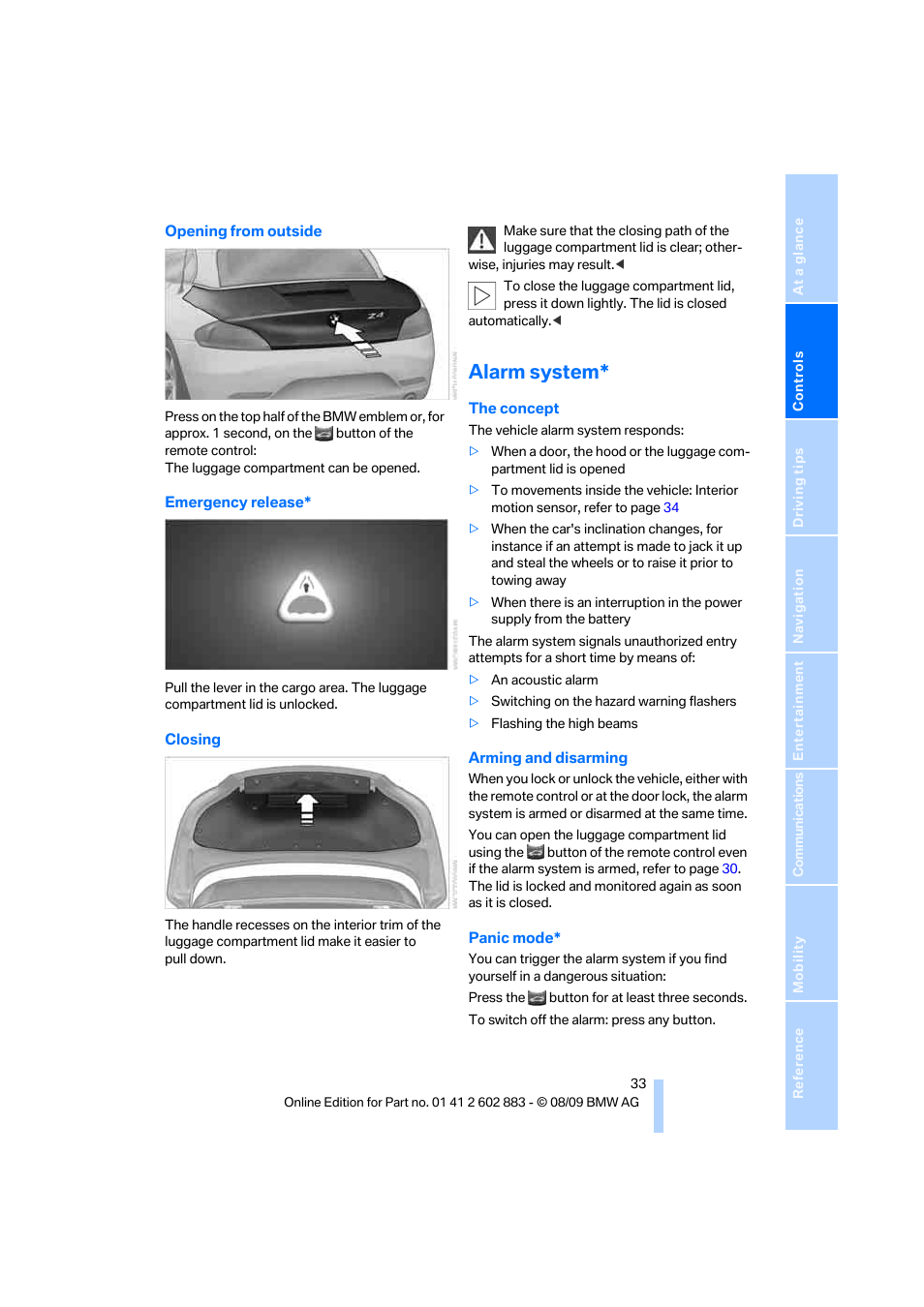Alarm system | BMW Z4 sDrive35i 2010 User Manual | Page 35 / 254