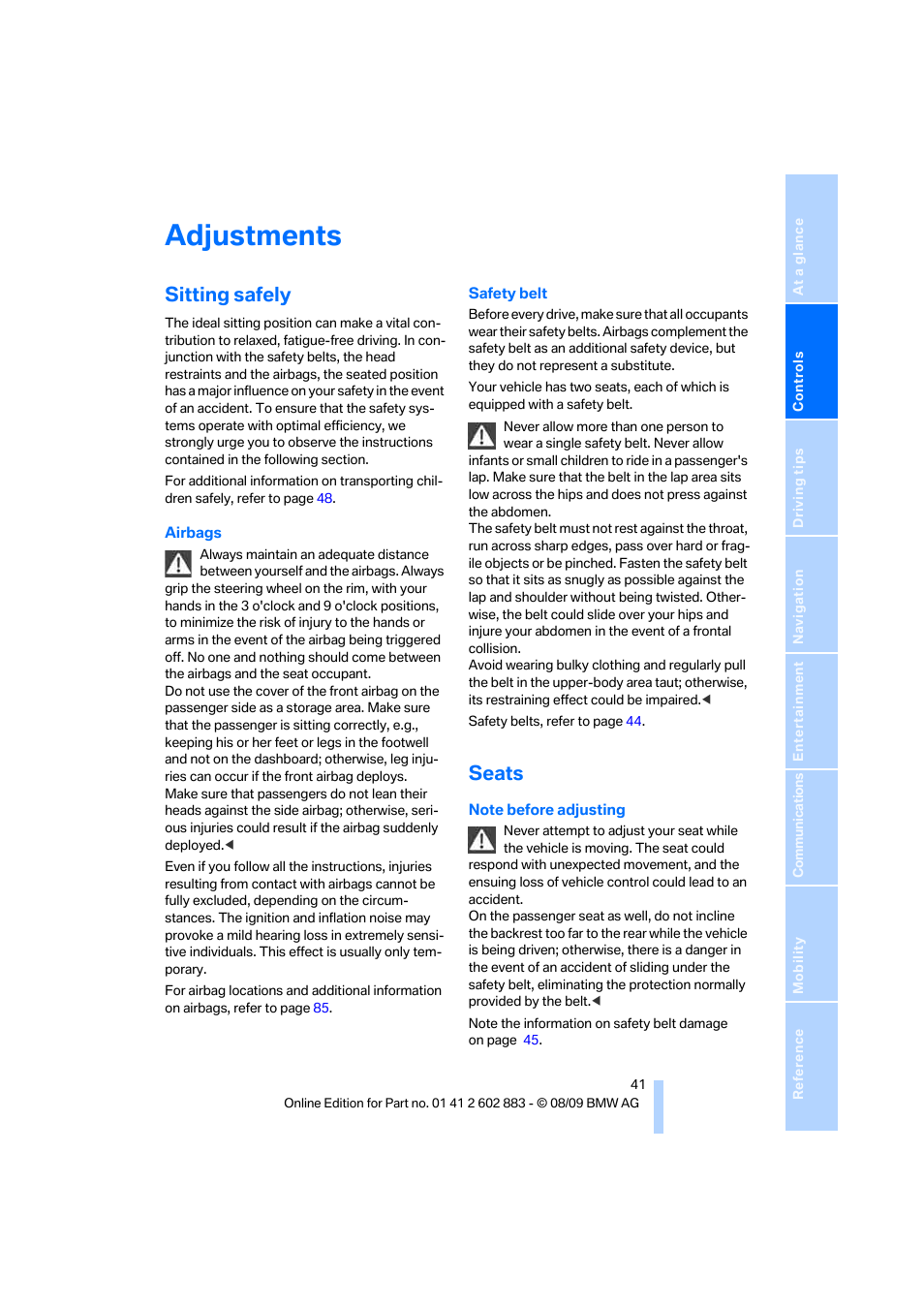 Adjustments, Sitting safely, Seats | BMW Z4 sDrive35i 2010 User Manual | Page 43 / 254