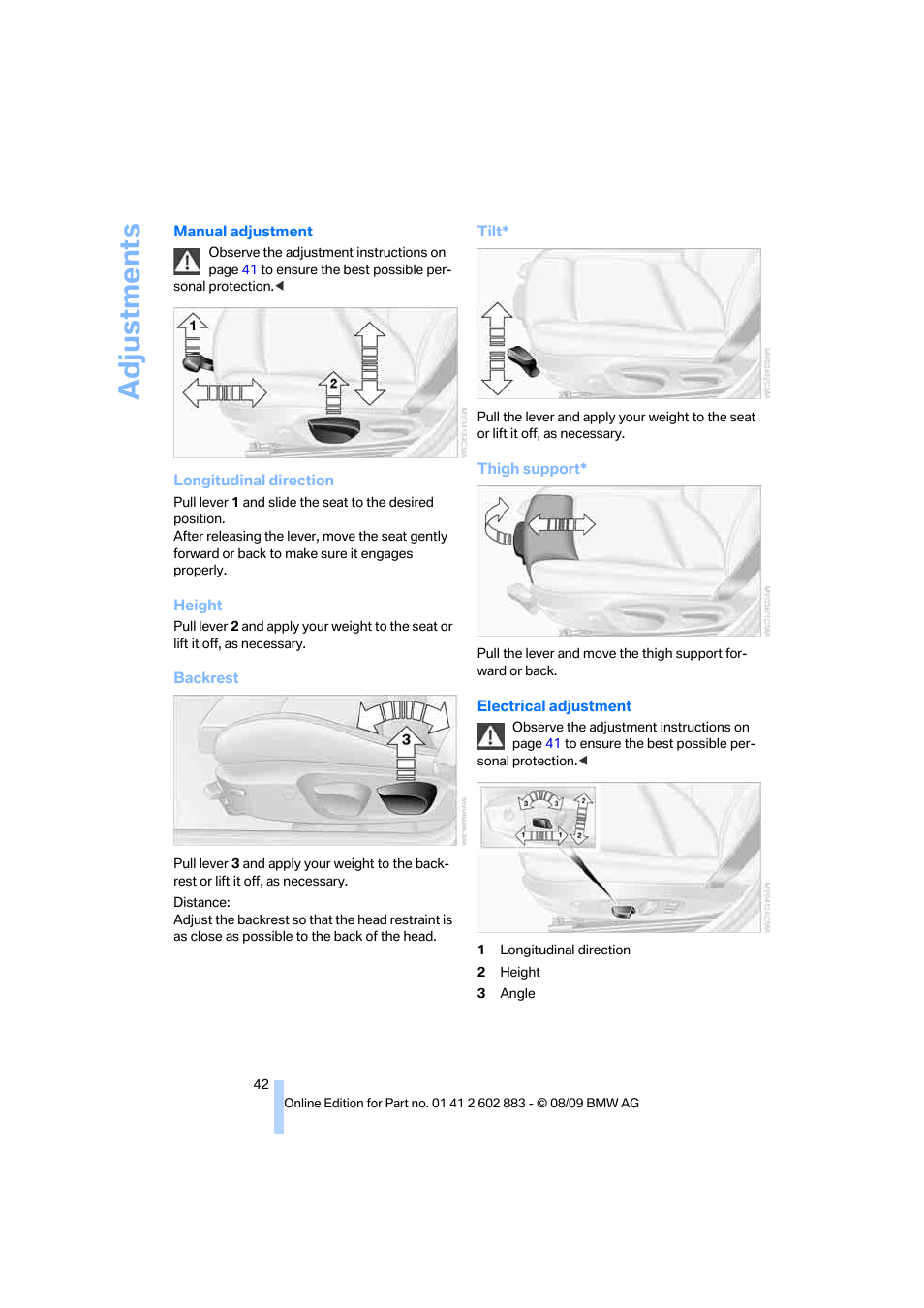 Adjustments | BMW Z4 sDrive35i 2010 User Manual | Page 44 / 254