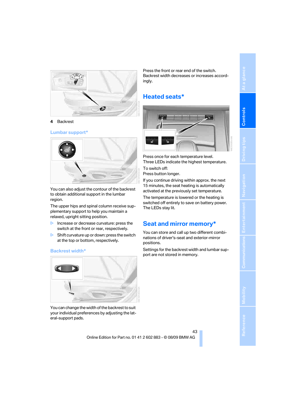 Heated seats, Seat and mirror memory | BMW Z4 sDrive35i 2010 User Manual | Page 45 / 254