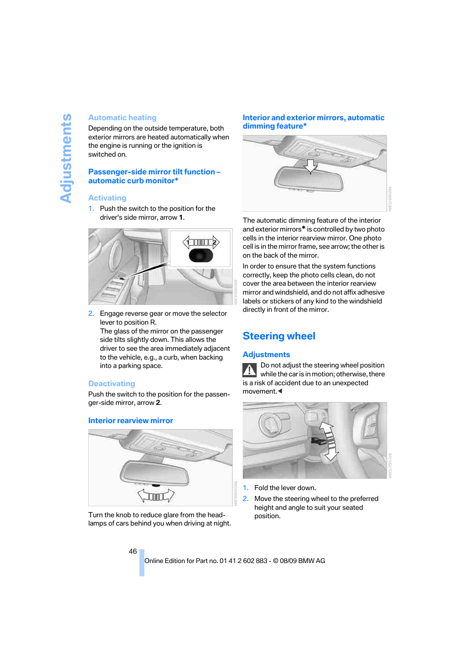 Steering wheel, Adjustments | BMW Z4 sDrive35i 2010 User Manual | Page 48 / 254