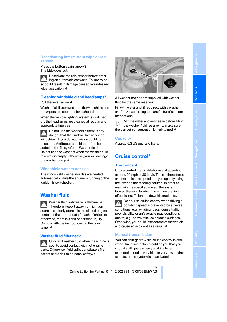 Washer fluid, Cruise control | BMW Z4 sDrive35i 2010 User Manual | Page 63 / 254