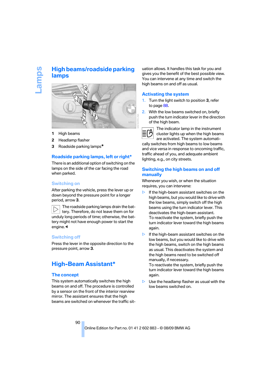 High beams/roadside parking lamps, High-beam assistant, La mps | BMW Z4 sDrive35i 2010 User Manual | Page 92 / 254