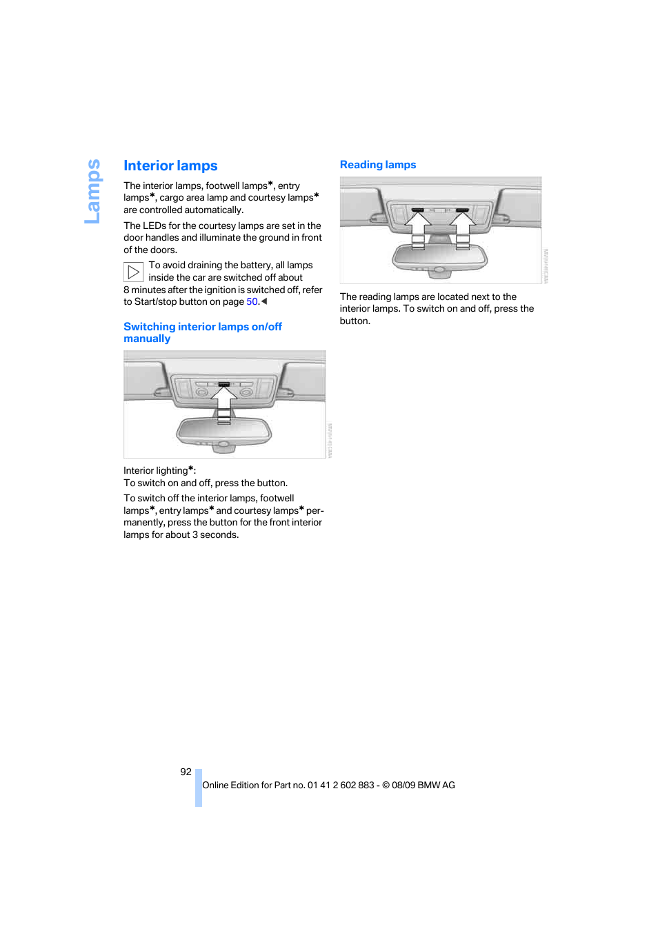 Interior lamps, Reading lamp, La mps | BMW Z4 sDrive35i 2010 User Manual | Page 94 / 254