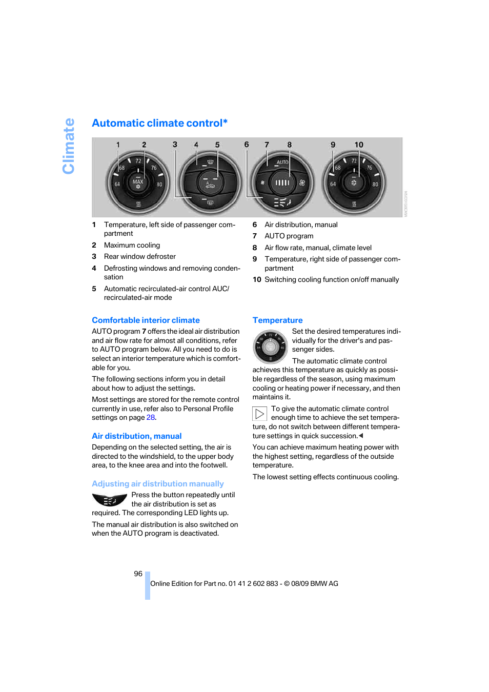 Automatic climate control, Climate | BMW Z4 sDrive35i 2010 User Manual | Page 98 / 254