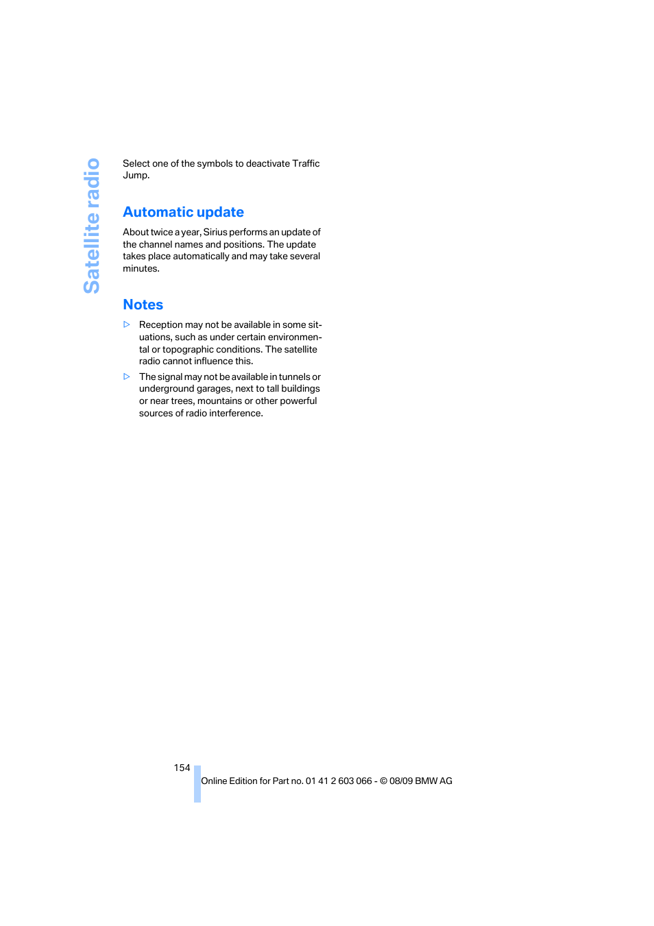 Automatic update, Notes, Sa tellite radi o | BMW M3 Coupe 2010 User Manual | Page 156 / 274