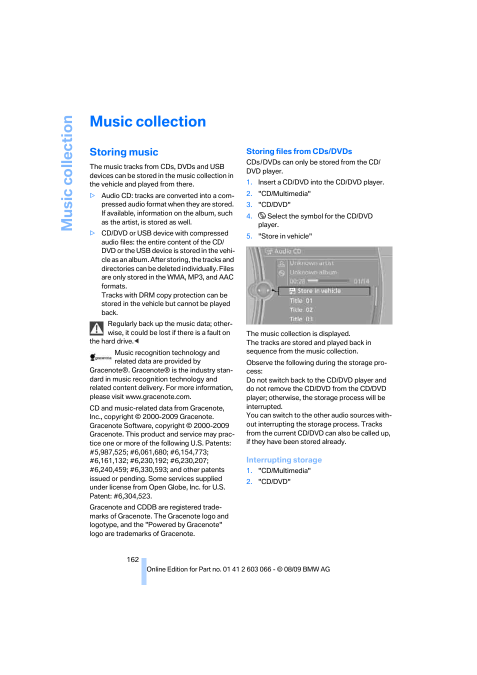 Music collection, Storing music | BMW M3 Coupe 2010 User Manual | Page 164 / 274