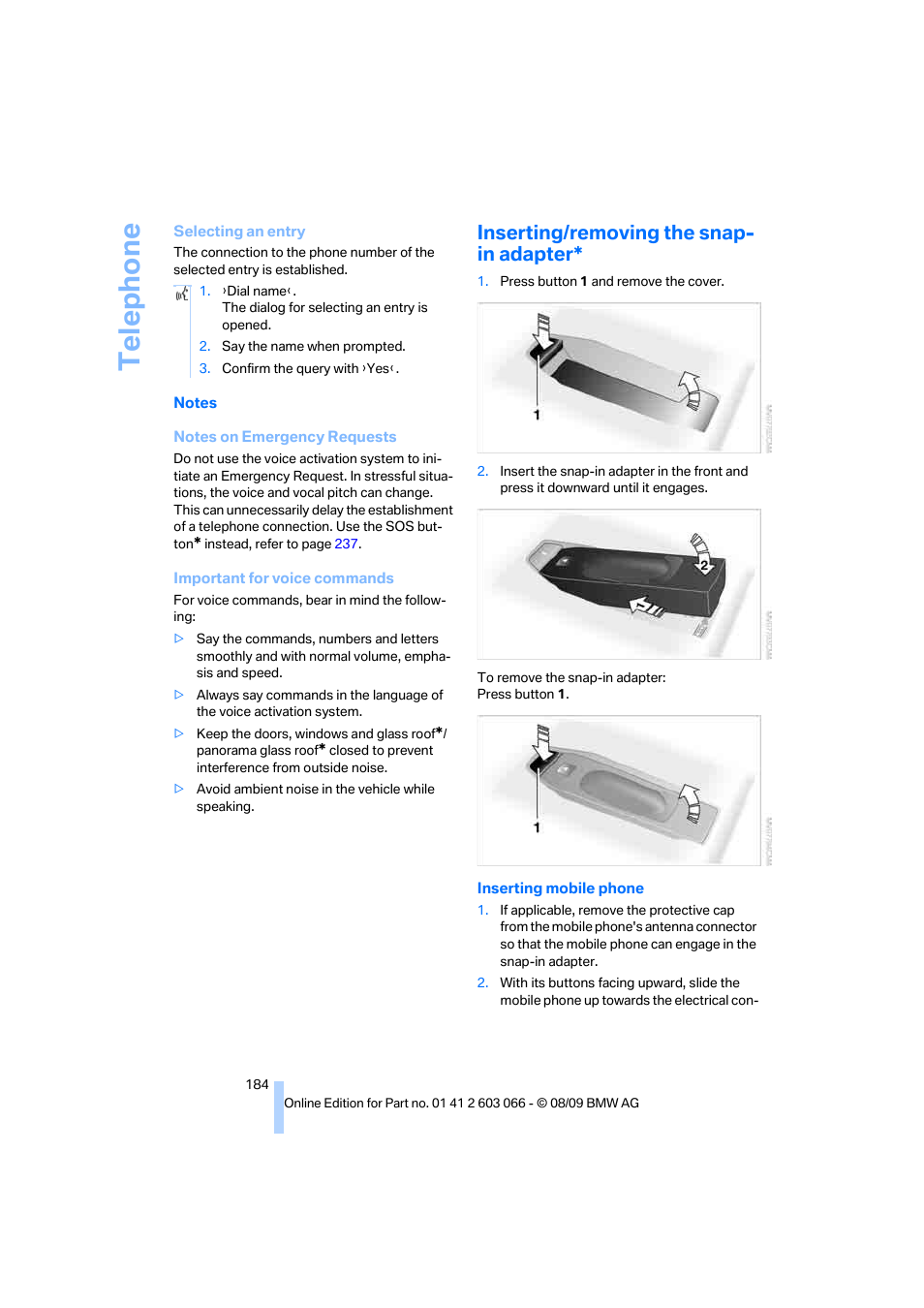 Inserting/removing the snap- in adapter, Telephone | BMW M3 Coupe 2010 User Manual | Page 186 / 274