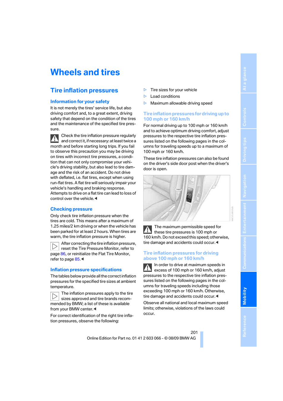 Wheels and tires, Tire inflation pressures | BMW M3 Coupe 2010 User Manual | Page 203 / 274