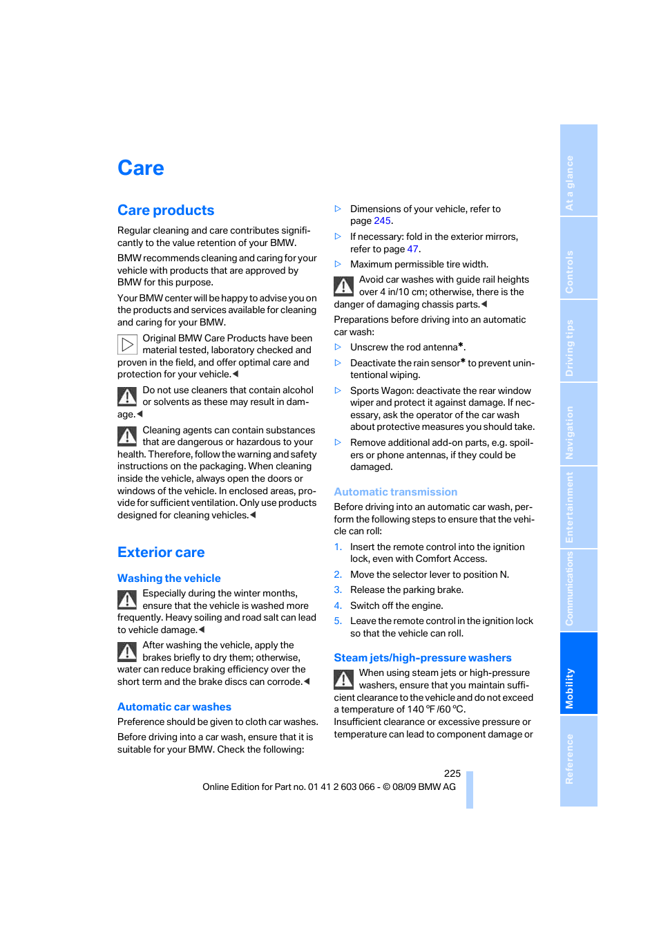 Care, Care products, Exterior care | BMW M3 Coupe 2010 User Manual | Page 227 / 274