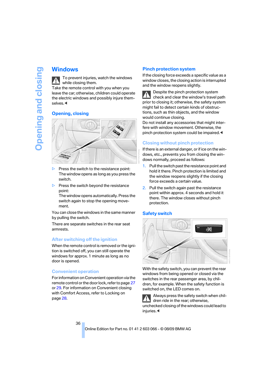 Windows, D clo, Opening and closing | BMW M3 Coupe 2010 User Manual | Page 38 / 274