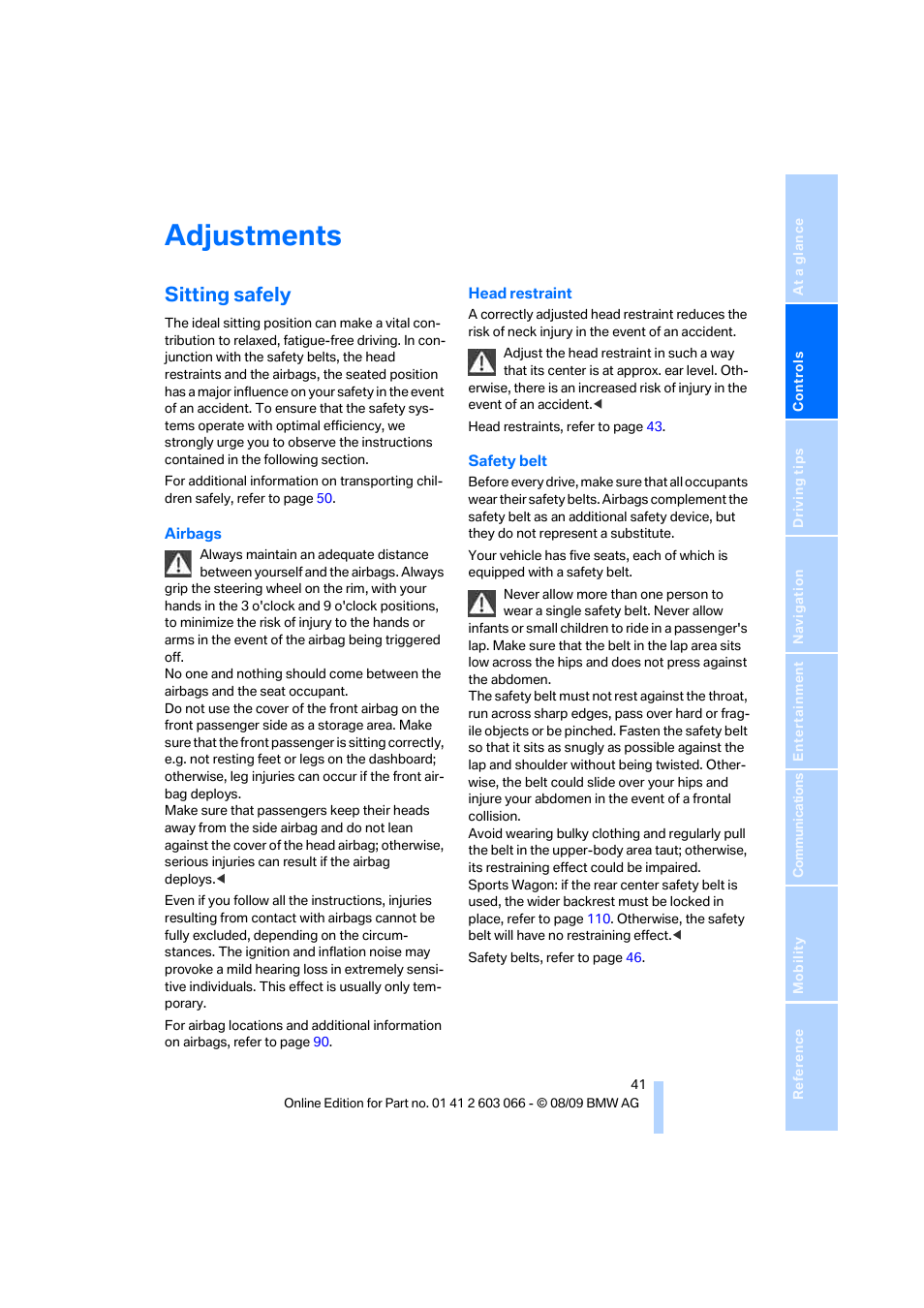 Adjustments, Sitting safely | BMW M3 Coupe 2010 User Manual | Page 43 / 274