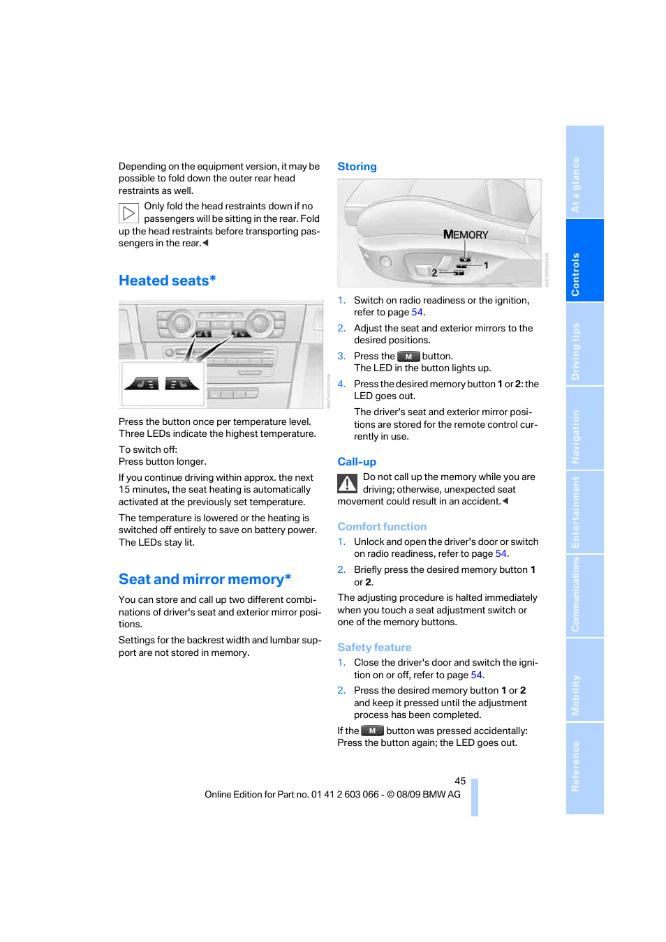 Heated seats, Seat and mirror memory | BMW M3 Coupe 2010 User Manual | Page 47 / 274