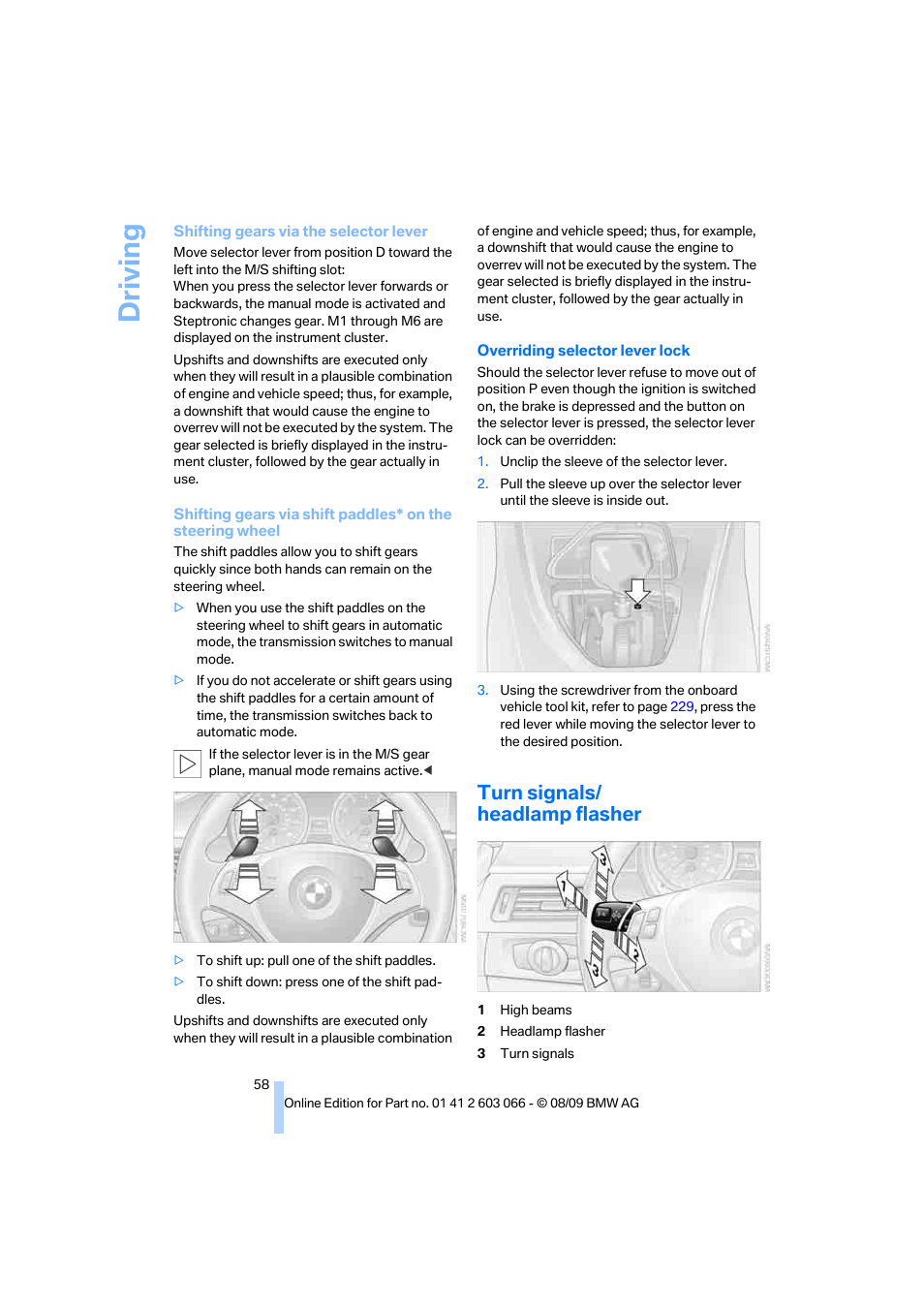 Turn signals/ headlamp flasher, Driving | BMW M3 Coupe 2010 User Manual | Page 60 / 274