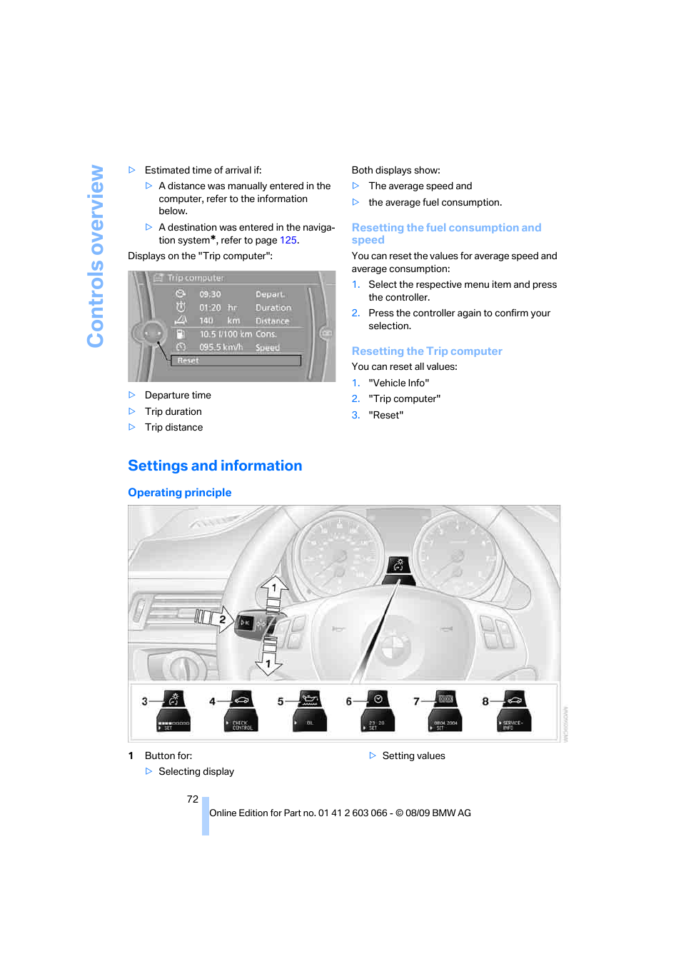 Settings and information, Controls overview | BMW M3 Coupe 2010 User Manual | Page 74 / 274