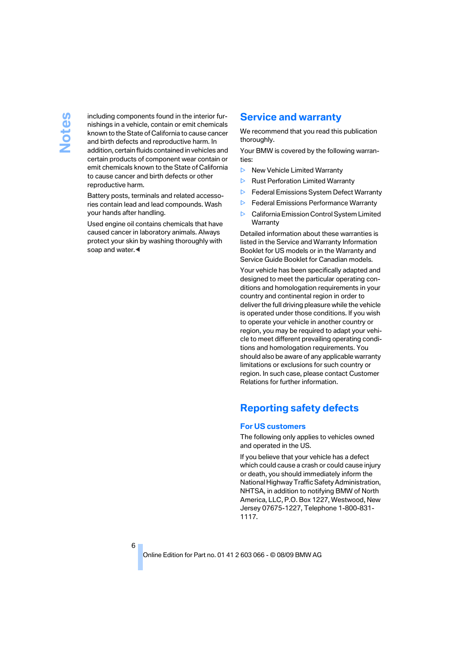 Service and warranty, Reporting safety defects | BMW M3 Coupe 2010 User Manual | Page 8 / 274