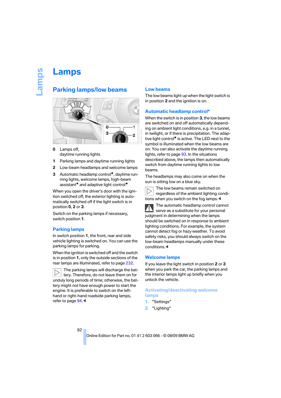 Lamps, Parking lamps/low beams, La mp s | BMW M3 Coupe 2010 User Manual | Page 94 / 274