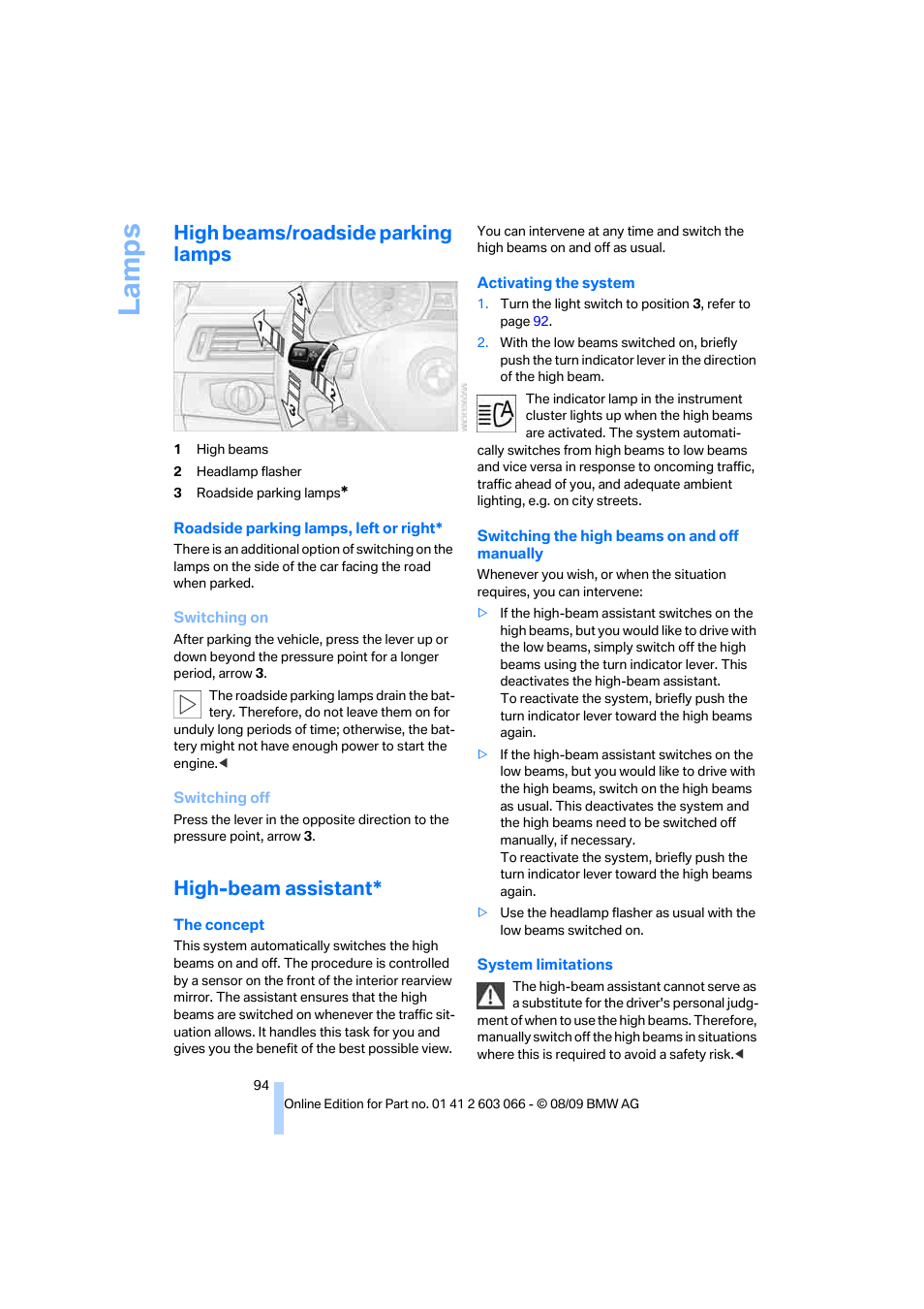 High beams/roadside parking lamps, High-beam assistant, La mp s | BMW M3 Coupe 2010 User Manual | Page 96 / 274