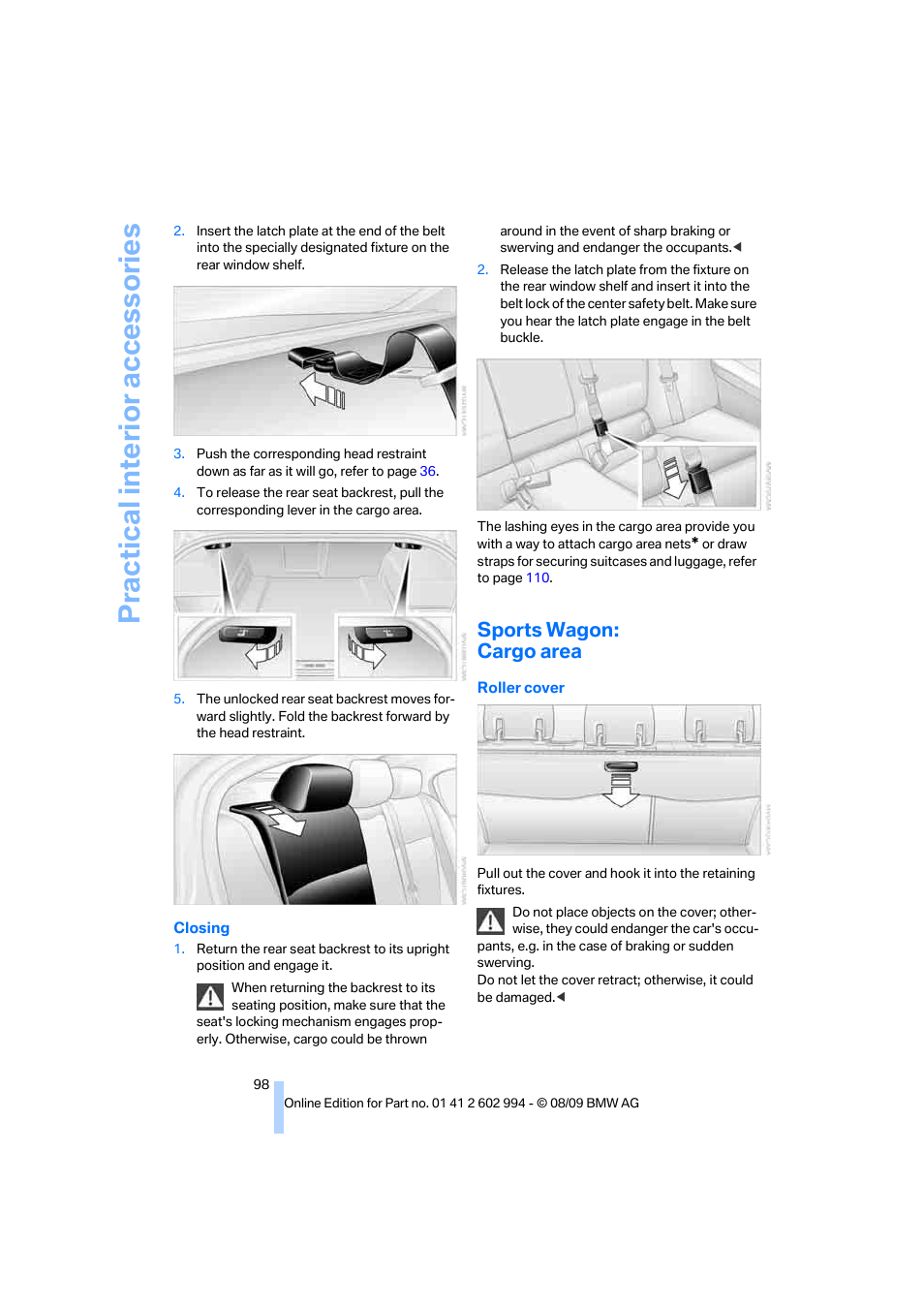 Sports wagon: cargo area, Practical interi or acc ess orie s | BMW M3 Sedan 2010 User Manual | Page 100 / 196