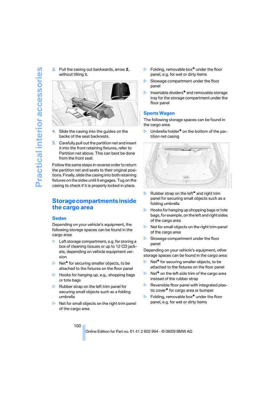 Storage compartments inside the cargo area, Practical interi or acc ess orie s | BMW M3 Sedan 2010 User Manual | Page 102 / 196