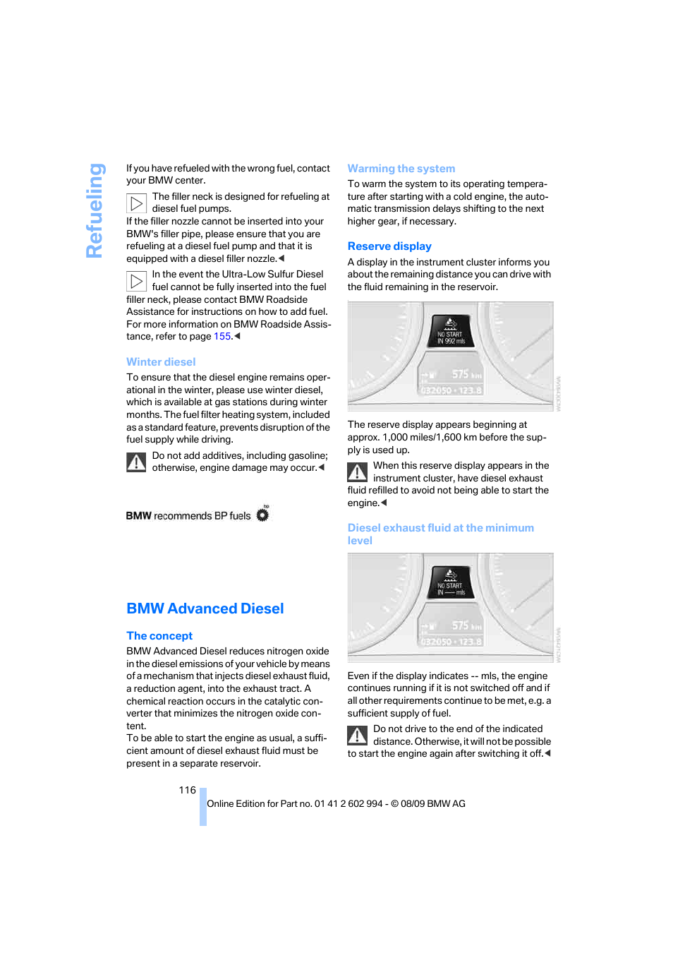 Bmw advanced diesel, Re fueling | BMW M3 Sedan 2010 User Manual | Page 118 / 196