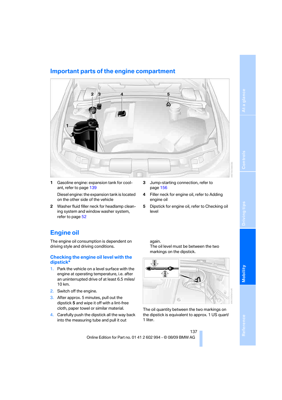 Important parts of the engine compartment, Engine oil | BMW M3 Sedan 2010 User Manual | Page 139 / 196