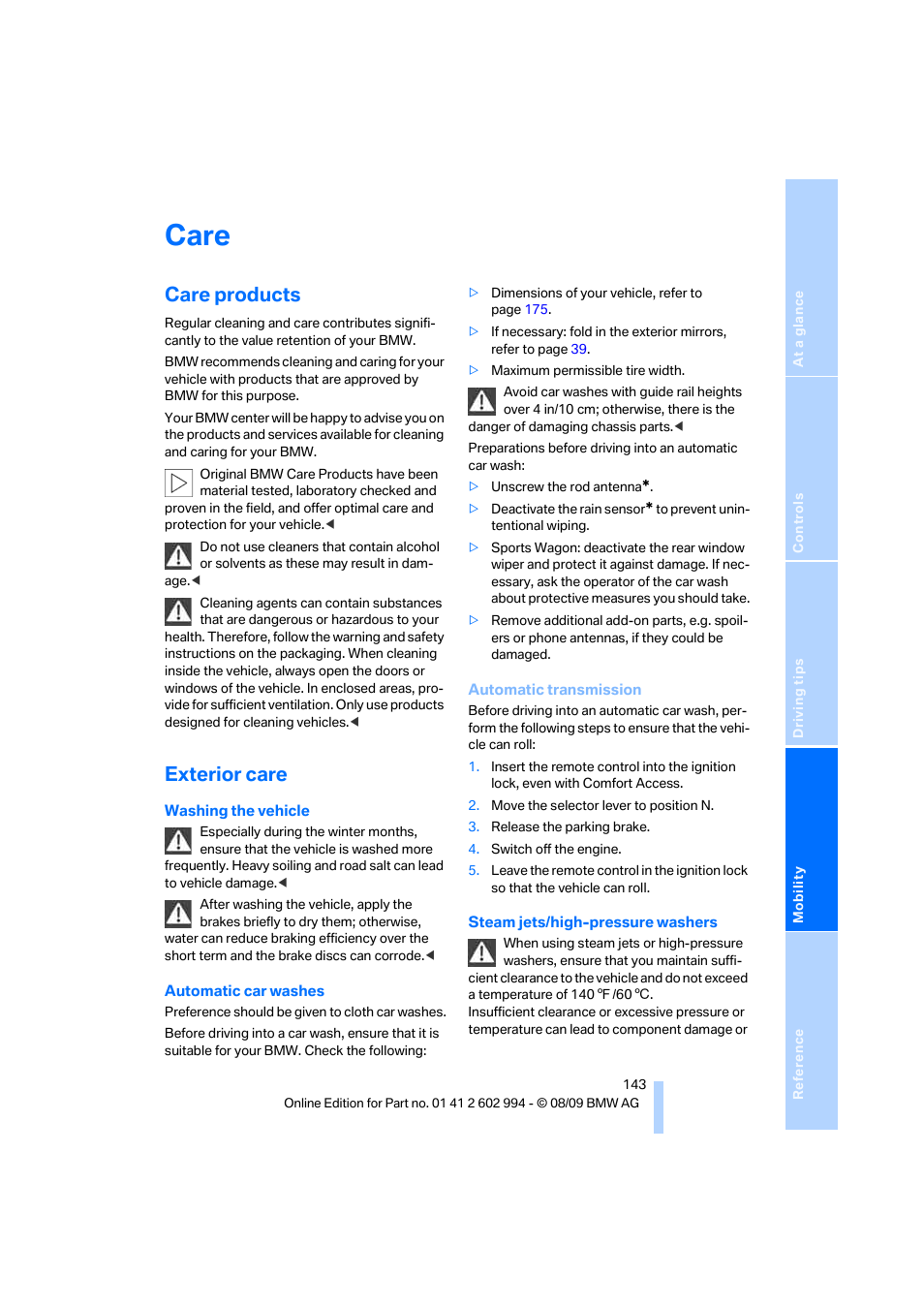 Care, Care products, Exterior care | BMW M3 Sedan 2010 User Manual | Page 145 / 196