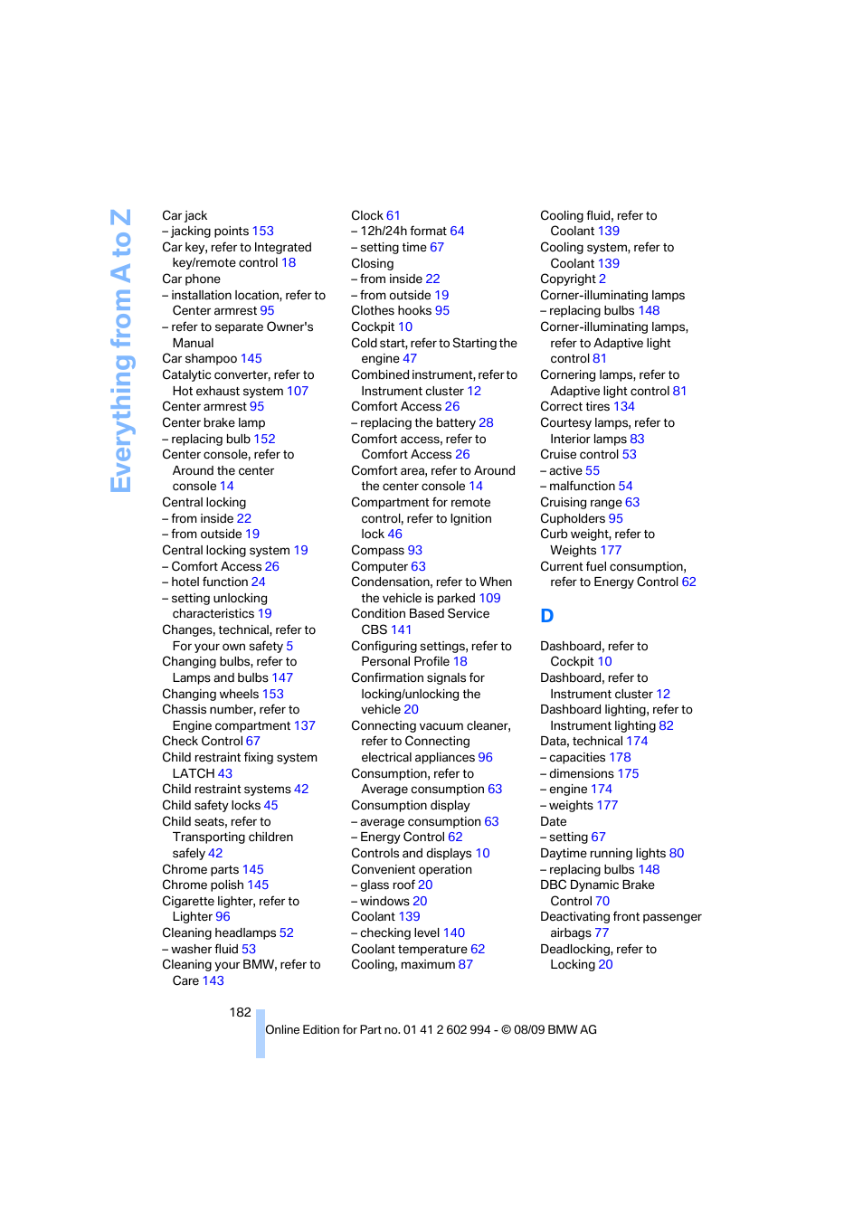 Everything from a to z | BMW M3 Sedan 2010 User Manual | Page 184 / 196