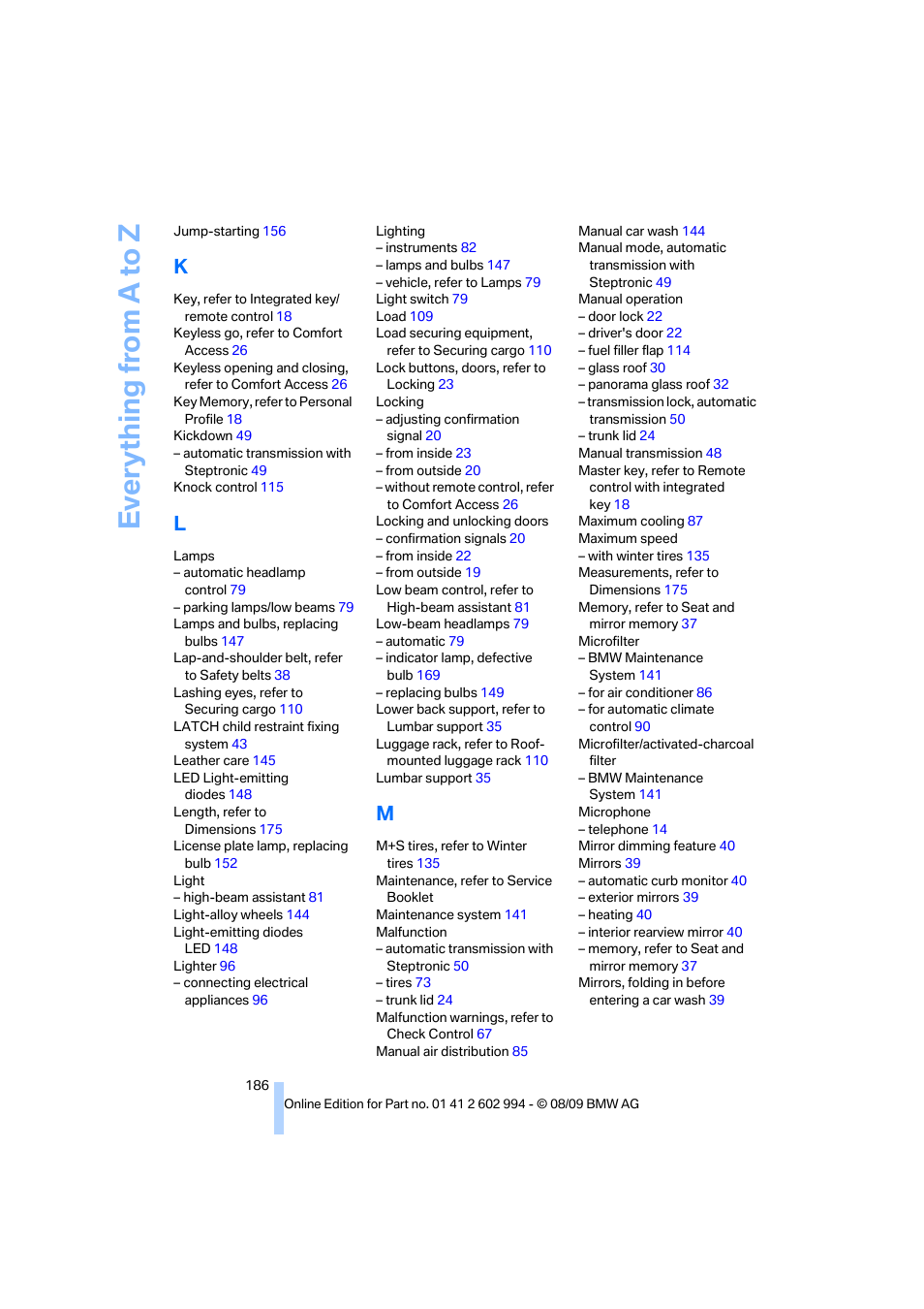 Everything from a to z | BMW M3 Sedan 2010 User Manual | Page 188 / 196