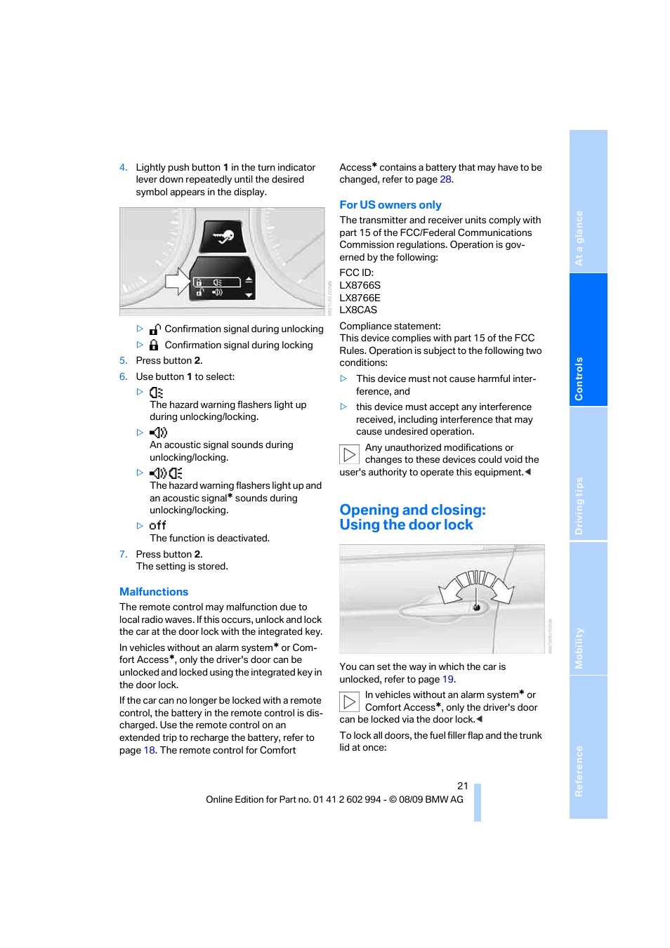 Opening and closing: using the door lock | BMW M3 Sedan 2010 User Manual | Page 23 / 196