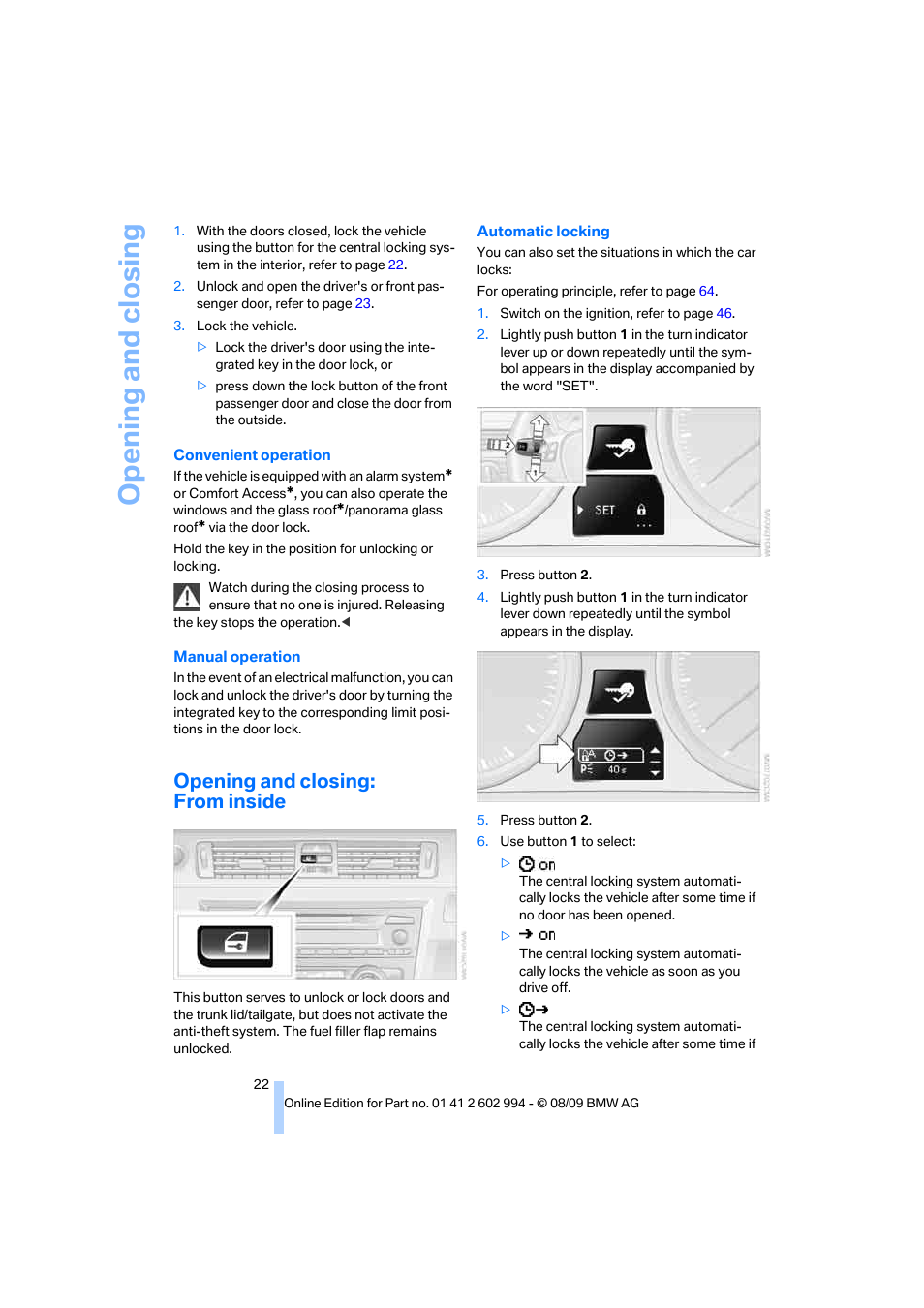 Opening and closing: from inside, Opening and closing | BMW M3 Sedan 2010 User Manual | Page 24 / 196