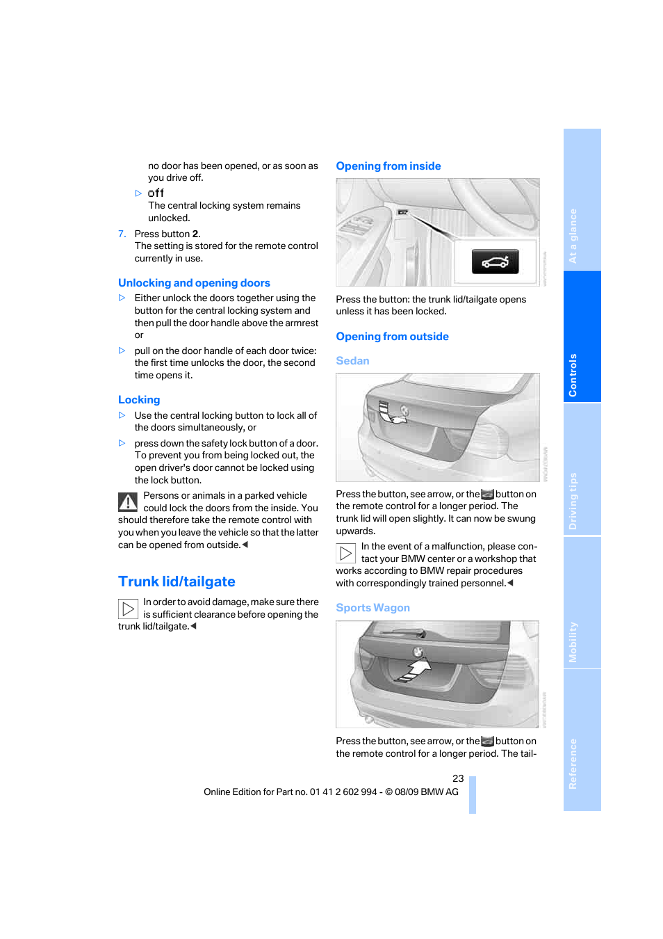 Trunk lid/tailgate | BMW M3 Sedan 2010 User Manual | Page 25 / 196