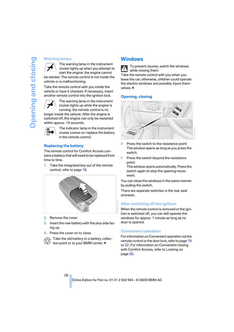 Windows, D clo, Opening and closing | BMW M3 Sedan 2010 User Manual | Page 30 / 196
