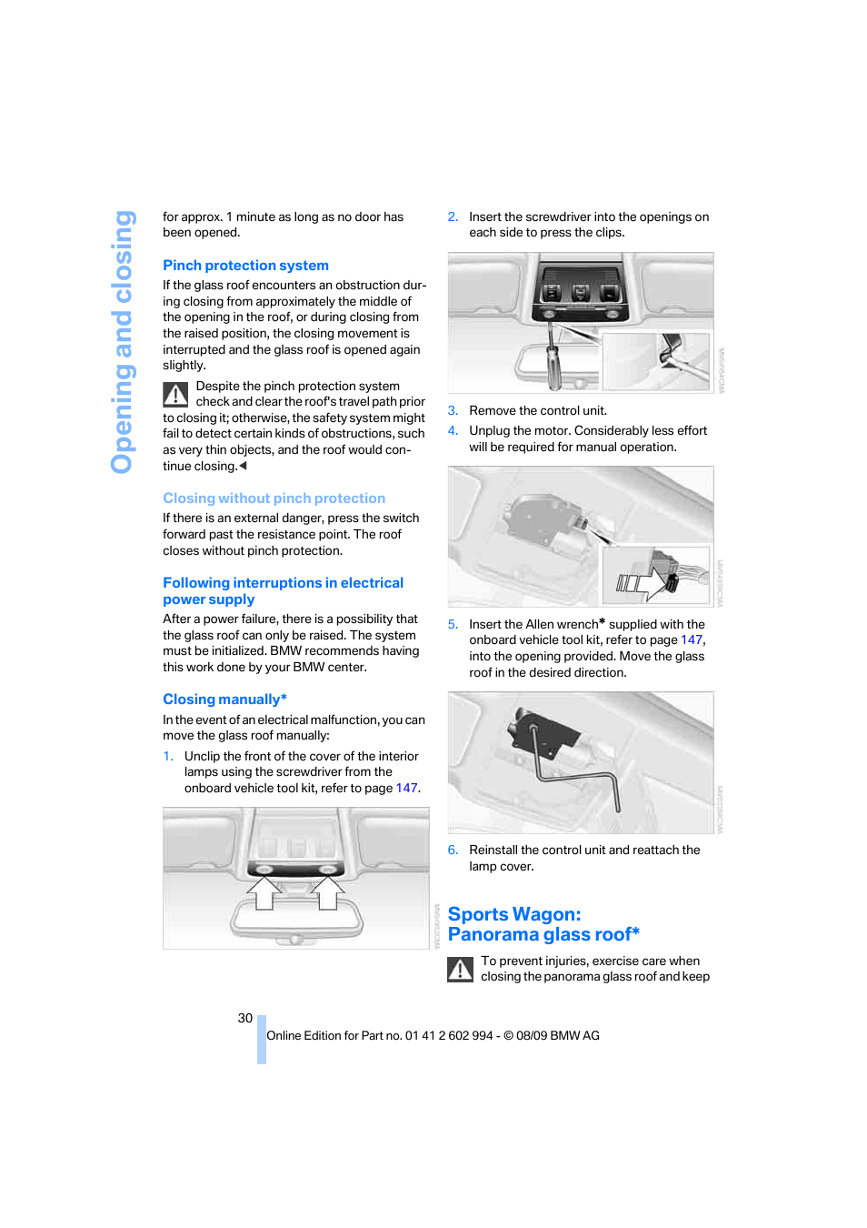 Sports wagon: panorama glass roof, Opening and closing | BMW M3 Sedan 2010 User Manual | Page 32 / 196