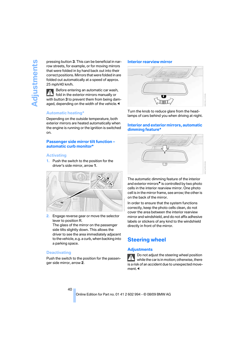 Steering wheel, Wheel, Adju stmen ts | BMW M3 Sedan 2010 User Manual | Page 42 / 196