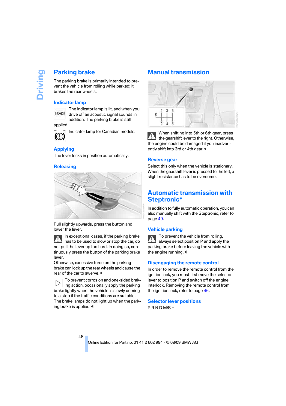 Parking brake, Manual transmission, Automatic transmission with steptronic | Driving | BMW M3 Sedan 2010 User Manual | Page 50 / 196