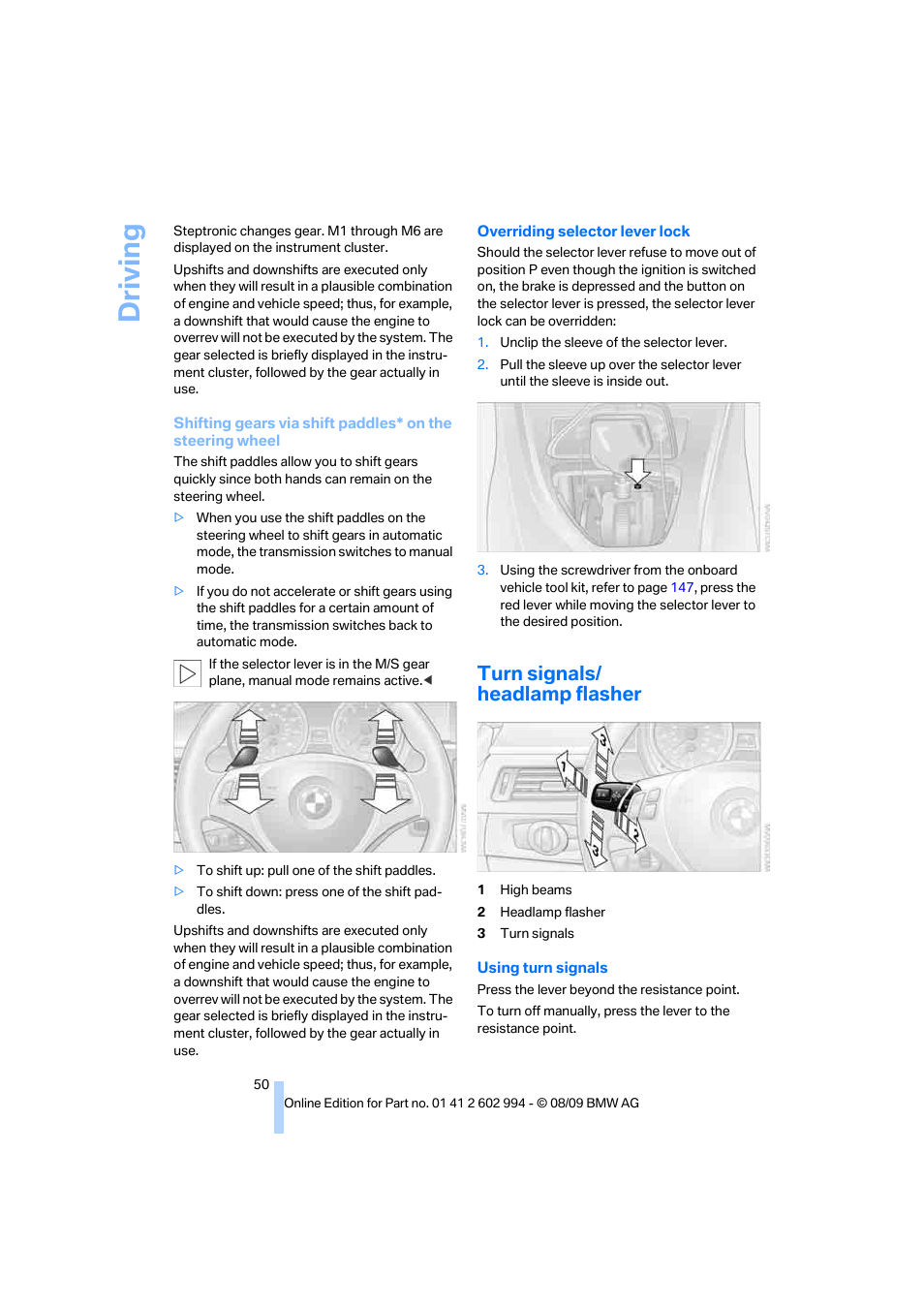 Turn signals/ headlamp flasher, Driving | BMW M3 Sedan 2010 User Manual | Page 52 / 196