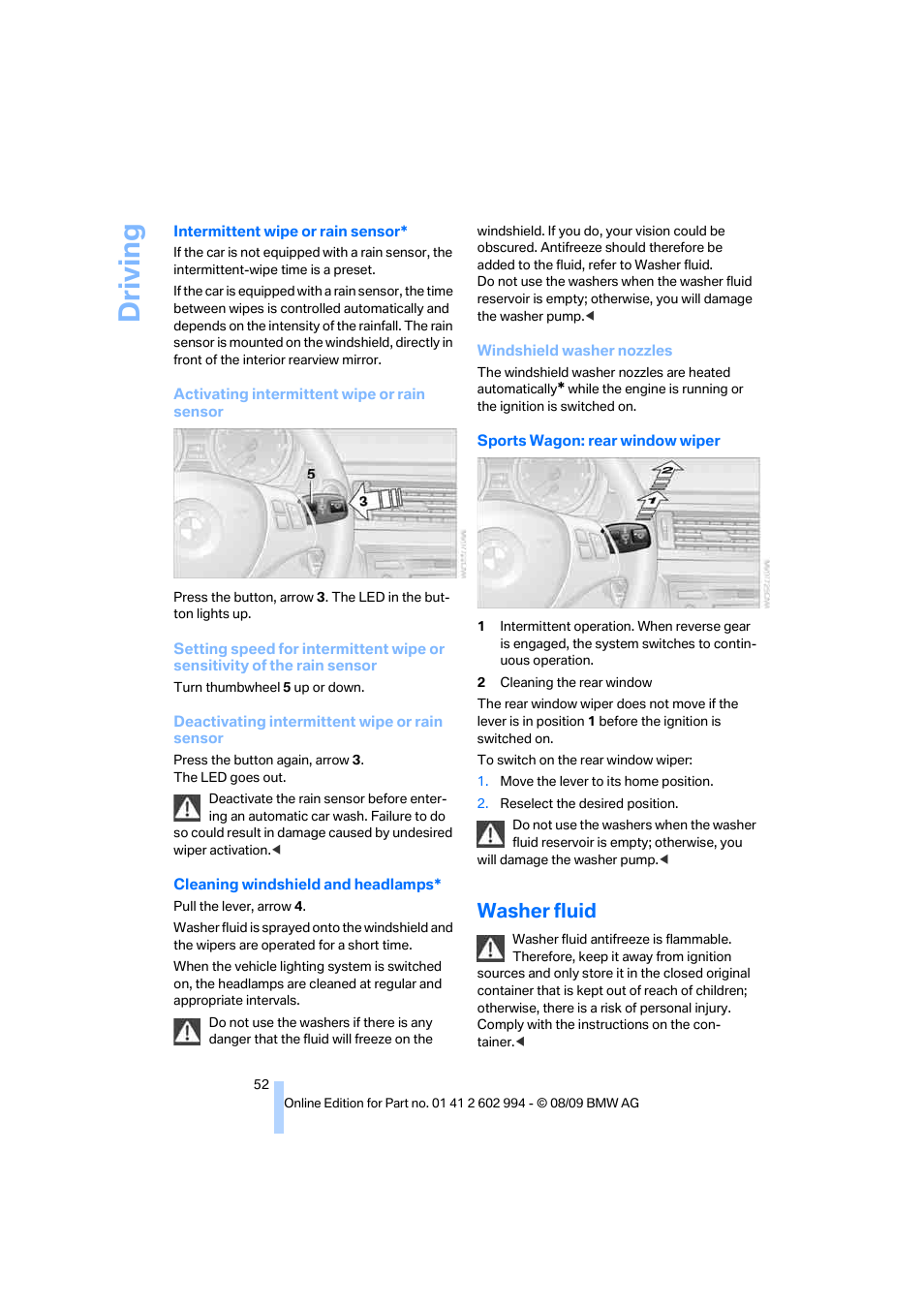 Washer fluid, Wiper, Driving | BMW M3 Sedan 2010 User Manual | Page 54 / 196