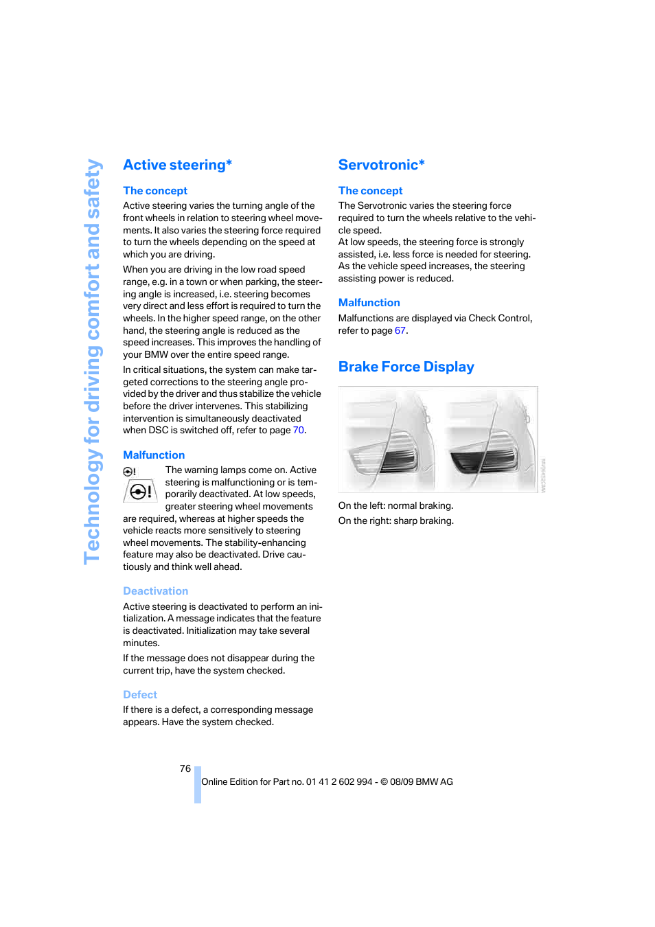 Active steering, Servotronic, Brake force display | Te chnology for driving comfort and safe ty | BMW M3 Sedan 2010 User Manual | Page 78 / 196