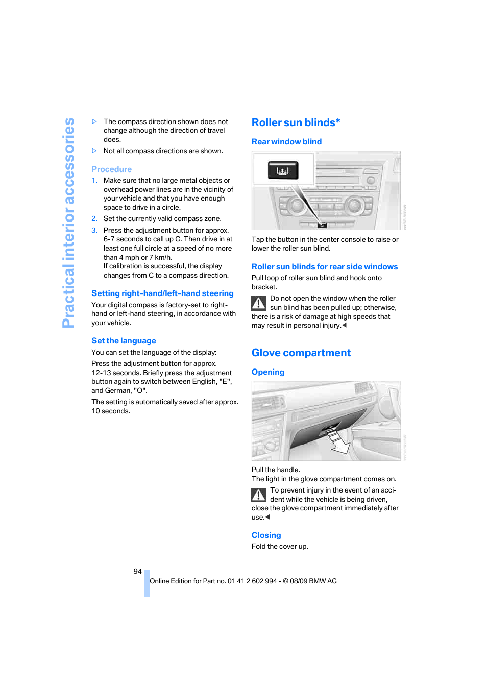 Roller sun blinds, Glove compartment, Practical interi or acc ess orie s | BMW M3 Sedan 2010 User Manual | Page 96 / 196