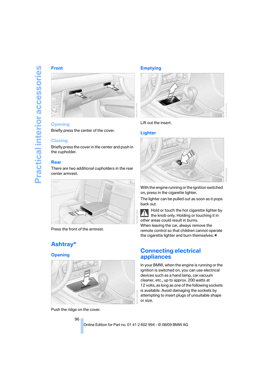 Ashtray, Connecting electrical appliances, Practical interi or acc ess orie s | BMW M3 Sedan 2010 User Manual | Page 98 / 196