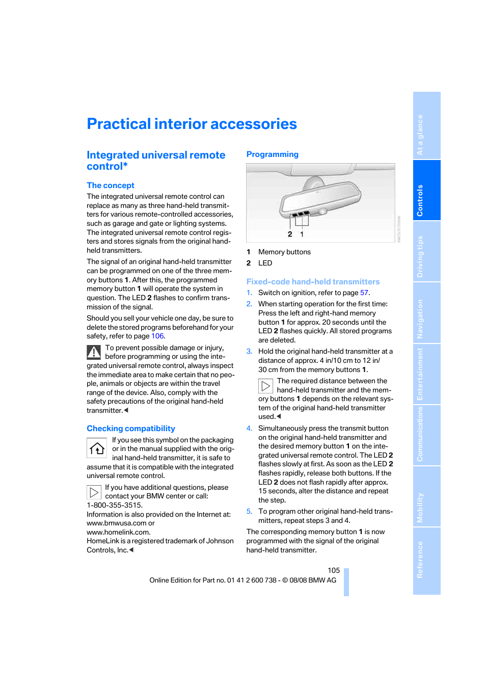 Practical interior accessories, Integrated universal remote control | BMW M5 Sedan 2009 User Manual | Page 107 / 266