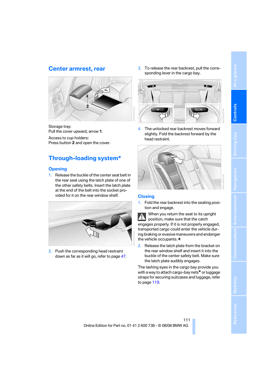 Center armrest, rear, Through-loading system | BMW M5 Sedan 2009 User Manual | Page 113 / 266