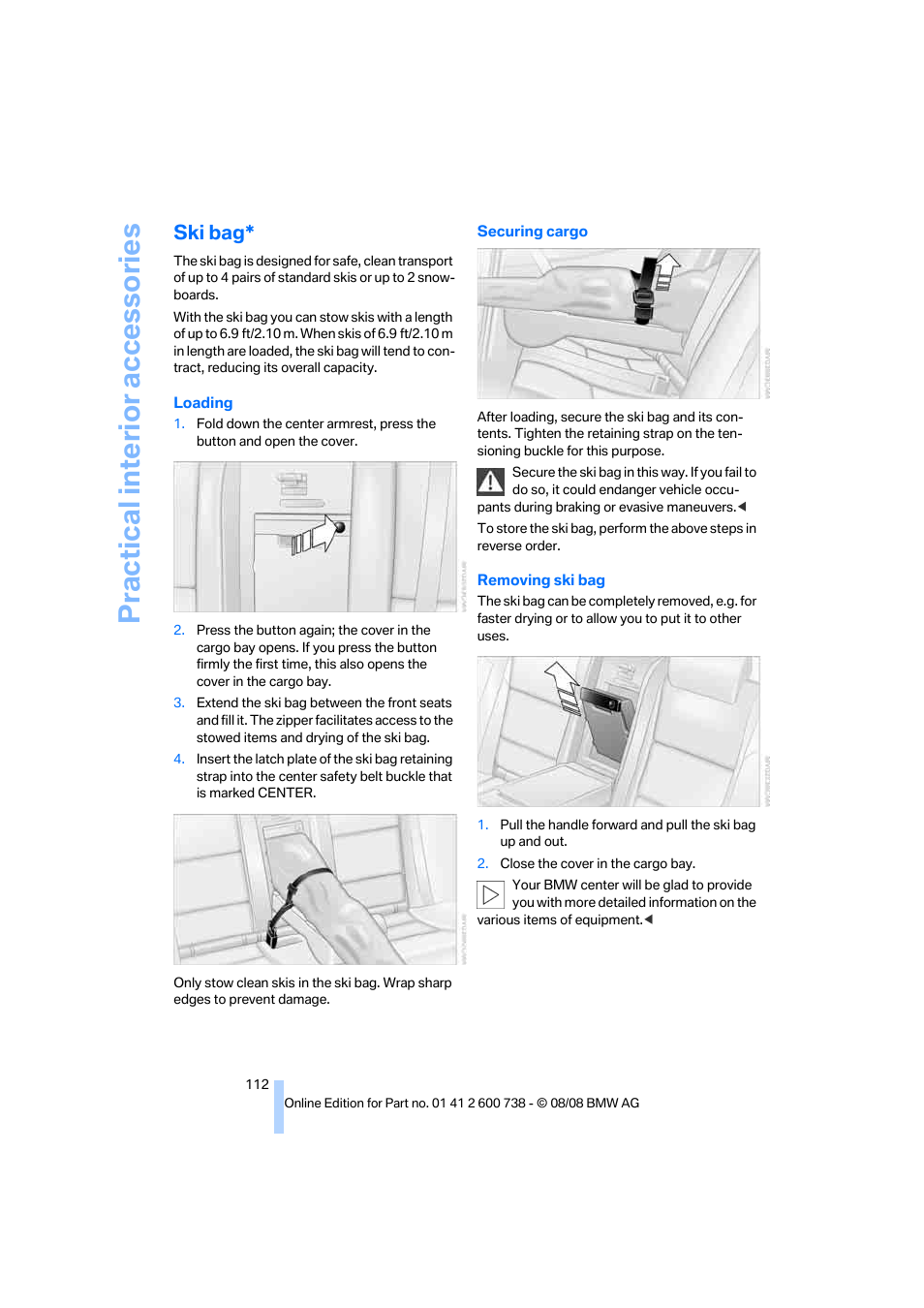Ski bag, Practical interior accessories | BMW M5 Sedan 2009 User Manual | Page 114 / 266