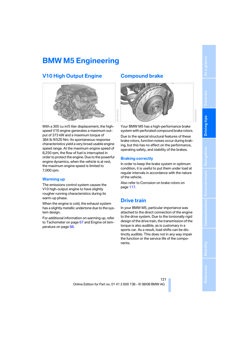 Bmw m5 engineering, V10 high output engine, Compound brake | Drive train | BMW M5 Sedan 2009 User Manual | Page 123 / 266